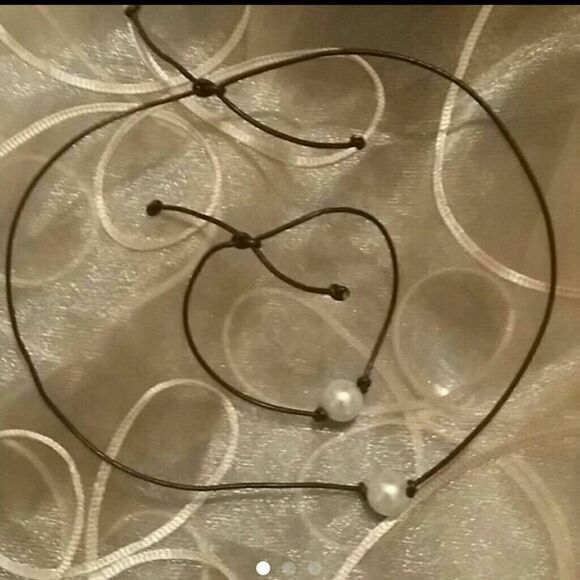 Brown Leather Pearl Choker set - Picture 1 of 3